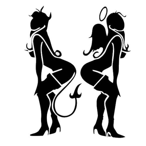 Angel and Devil squatting back to back.